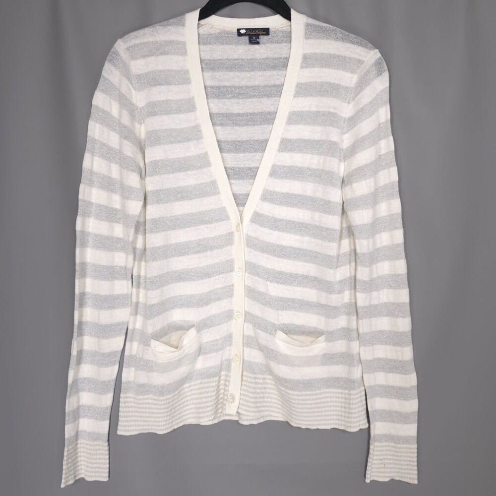 BROOKS BROTHERS Striped Cardigan Sweater White Gray Cotton Pockets Womens M